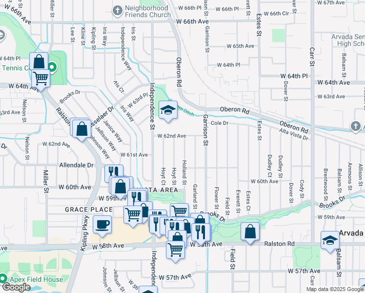 map of restaurants, bars, coffee shops, grocery stores, and more near 6142 Holland Street in Arvada