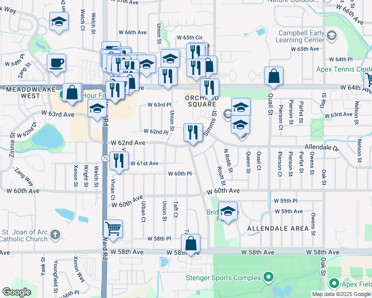map of restaurants, bars, coffee shops, grocery stores, and more near 6156 Simms Street in Arvada