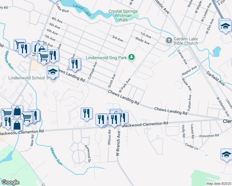 map of restaurants, bars, coffee shops, grocery stores, and more near 220 Chews Landing Road in Lindenwold