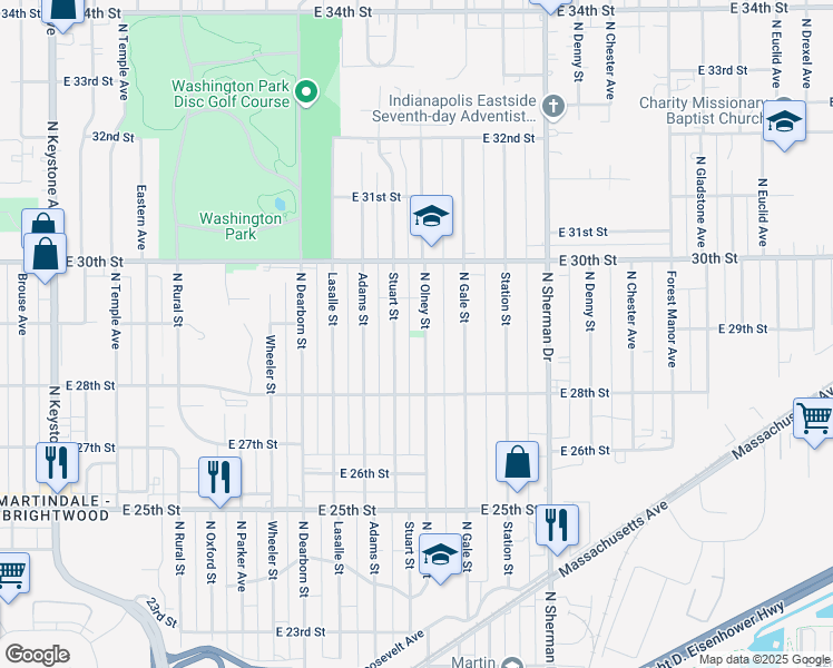 map of restaurants, bars, coffee shops, grocery stores, and more near 2866 North Olney Street in Indianapolis