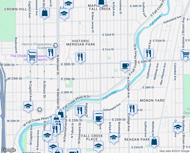 map of restaurants, bars, coffee shops, grocery stores, and more near 320 East 29th Street in Indianapolis