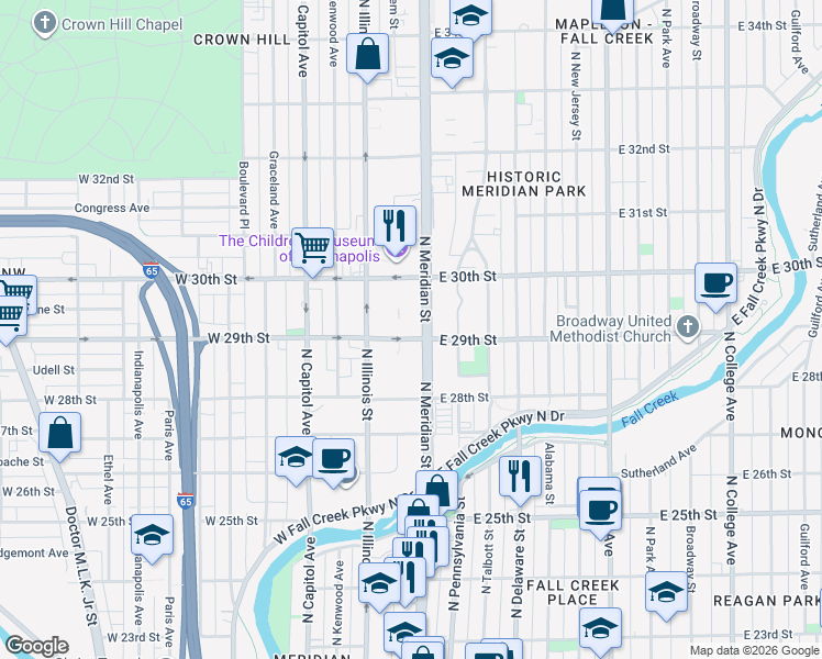 map of restaurants, bars, coffee shops, grocery stores, and more near in Indianapolis