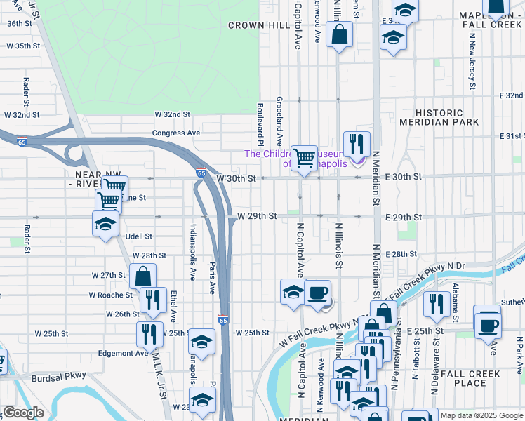 map of restaurants, bars, coffee shops, grocery stores, and more near 236 West 29th Street in Indianapolis