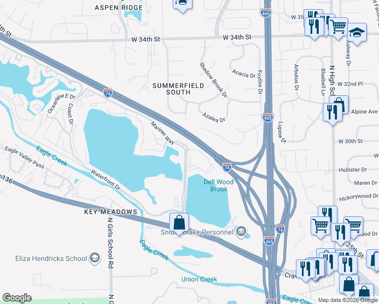 map of restaurants, bars, coffee shops, grocery stores, and more near 2960 Rolling Dunes Drive in Indianapolis