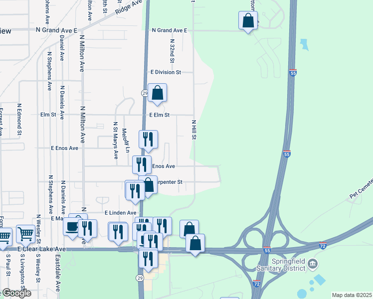 map of restaurants, bars, coffee shops, grocery stores, and more near 701-767 Hill St in Springfield