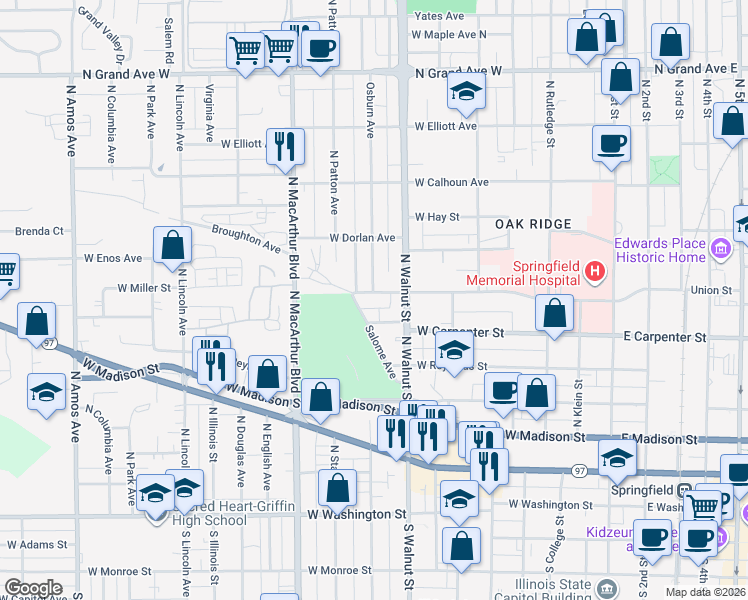 map of restaurants, bars, coffee shops, grocery stores, and more near 547-599 Salome Avenue in Springfield