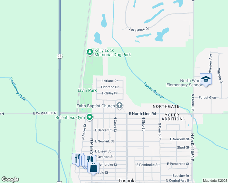 map of restaurants, bars, coffee shops, grocery stores, and more near 218 Holiday Drive in Tuscola