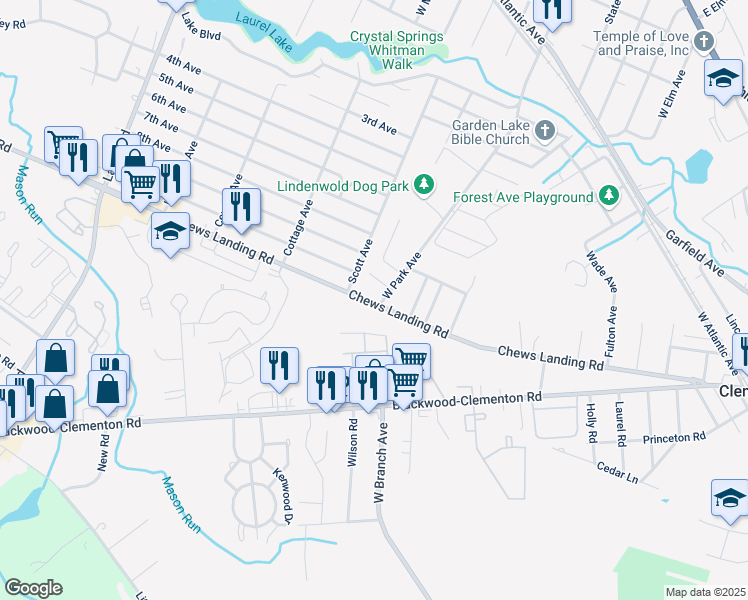 map of restaurants, bars, coffee shops, grocery stores, and more near 220 Chews Landing Road in Lindenwold