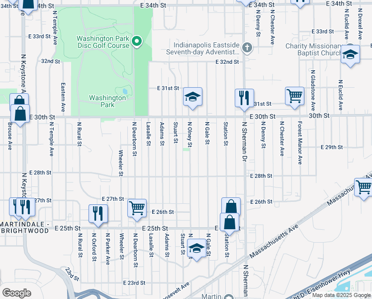 map of restaurants, bars, coffee shops, grocery stores, and more near 2866 North Olney Street in Indianapolis