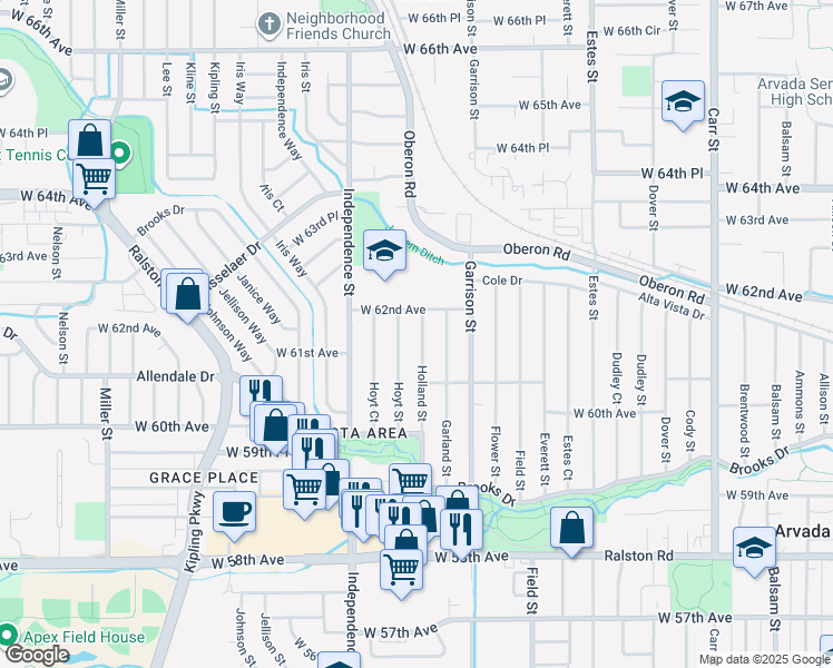 map of restaurants, bars, coffee shops, grocery stores, and more near 6142 Holland Street in Arvada