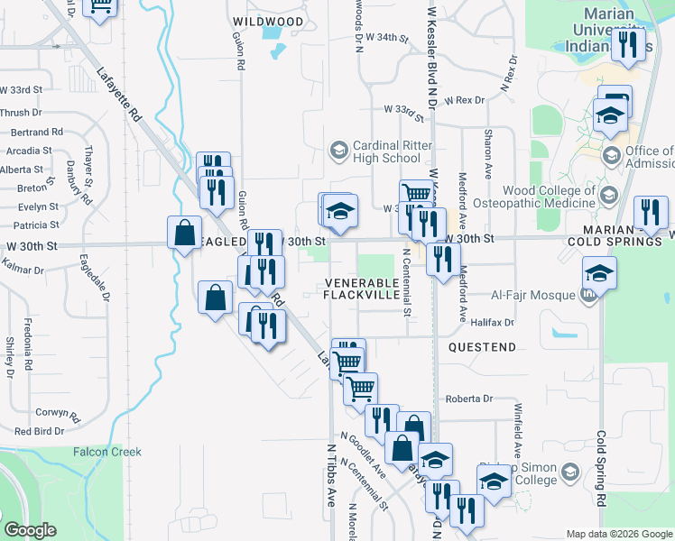 map of restaurants, bars, coffee shops, grocery stores, and more near 2953 North Tibbs Avenue in Indianapolis