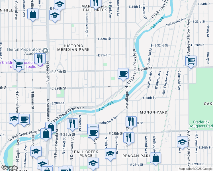 map of restaurants, bars, coffee shops, grocery stores, and more near 536 East 29th Street in Indianapolis