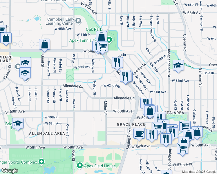map of restaurants, bars, coffee shops, grocery stores, and more near 10334 West 62nd Avenue in Arvada