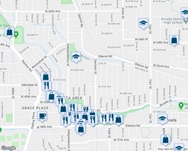 map of restaurants, bars, coffee shops, grocery stores, and more near 6163 Garrison Street in Arvada