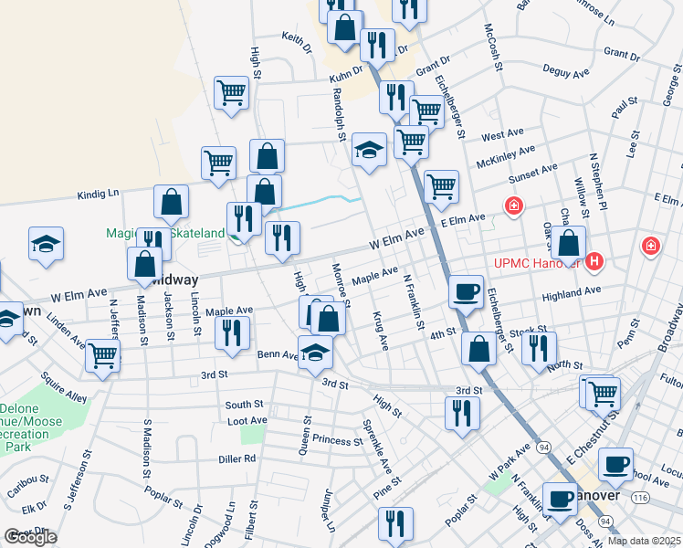 map of restaurants, bars, coffee shops, grocery stores, and more near 71 Monroe Street in Hanover