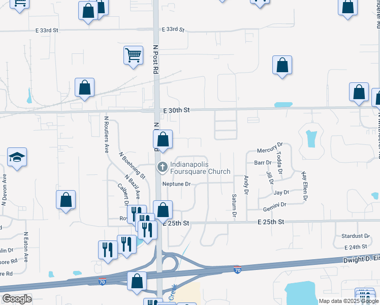 map of restaurants, bars, coffee shops, grocery stores, and more near 9112 Mercury Drive in Indianapolis