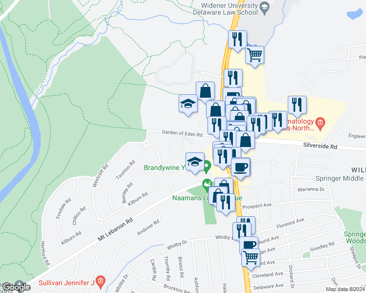 map of restaurants, bars, coffee shops, grocery stores, and more near 100 Garden of Eden Road in Wilmington
