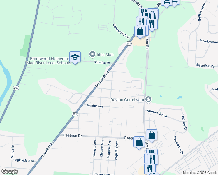 map of restaurants, bars, coffee shops, grocery stores, and more near 649 Brantly Avenue in Dayton