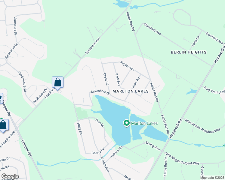 map of restaurants, bars, coffee shops, grocery stores, and more near 202 Crest Road in Evesham