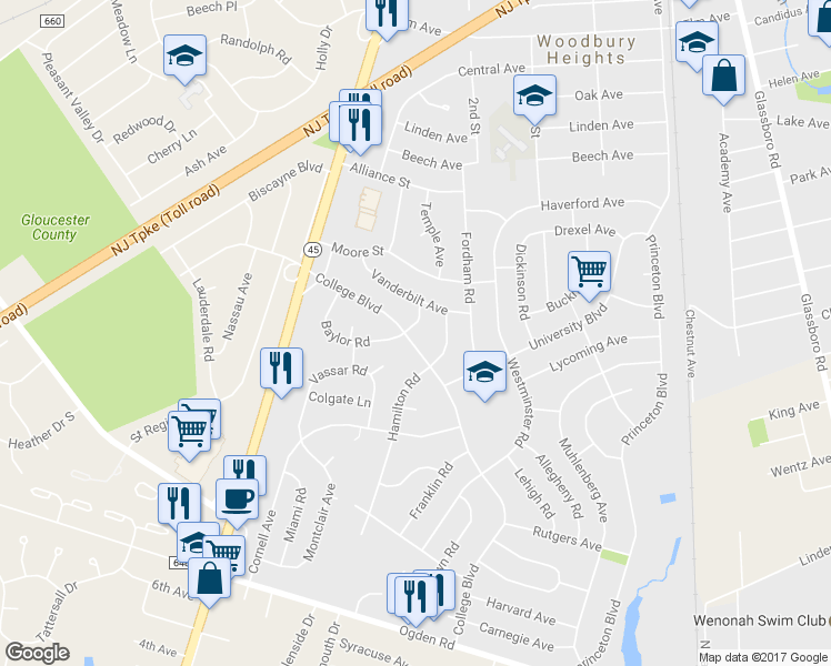 map of restaurants, bars, coffee shops, grocery stores, and more near 471 College Blvd in Wenonah