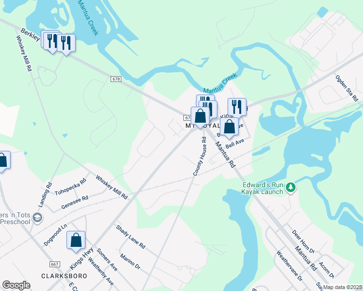 map of restaurants, bars, coffee shops, grocery stores, and more near 172 Kings Highway in Mount Royal