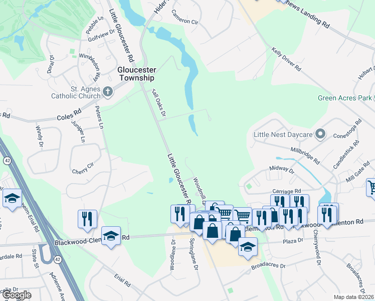 map of restaurants, bars, coffee shops, grocery stores, and more near 77 Woodmill Drive in Clementon