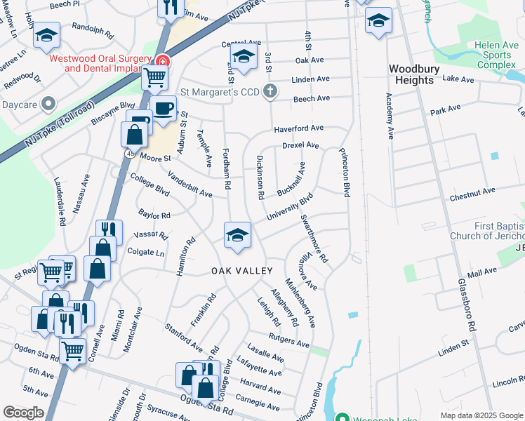 map of restaurants, bars, coffee shops, grocery stores, and more near 500 University Boulevard in Wenonah