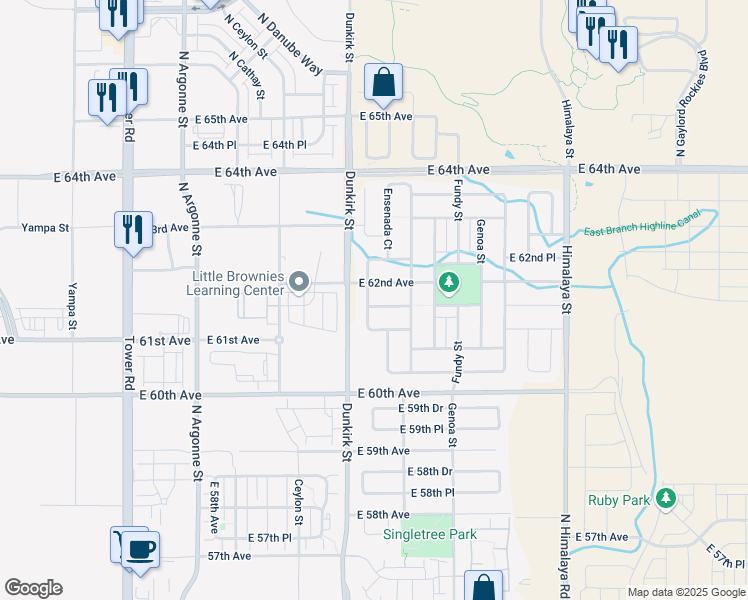map of restaurants, bars, coffee shops, grocery stores, and more near 6152 Dunkirk Court in Aurora