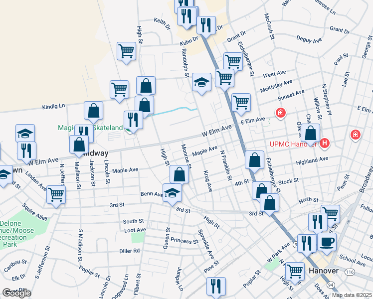map of restaurants, bars, coffee shops, grocery stores, and more near 71 Monroe Street in Hanover