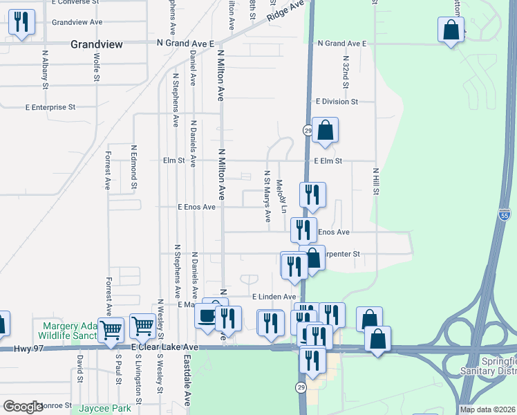 map of restaurants, bars, coffee shops, grocery stores, and more near 3048 East Trinity Avenue in Springfield