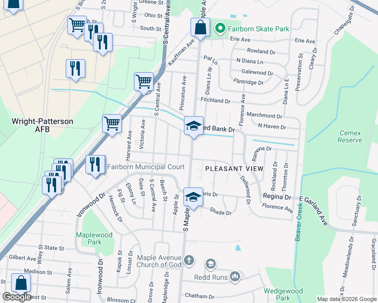 map of restaurants, bars, coffee shops, grocery stores, and more near 1029 South Maple Avenue in Fairborn