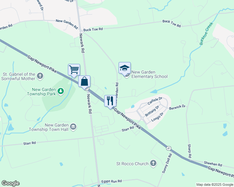 map of restaurants, bars, coffee shops, grocery stores, and more near 275 New Garden Road in Toughkenamon