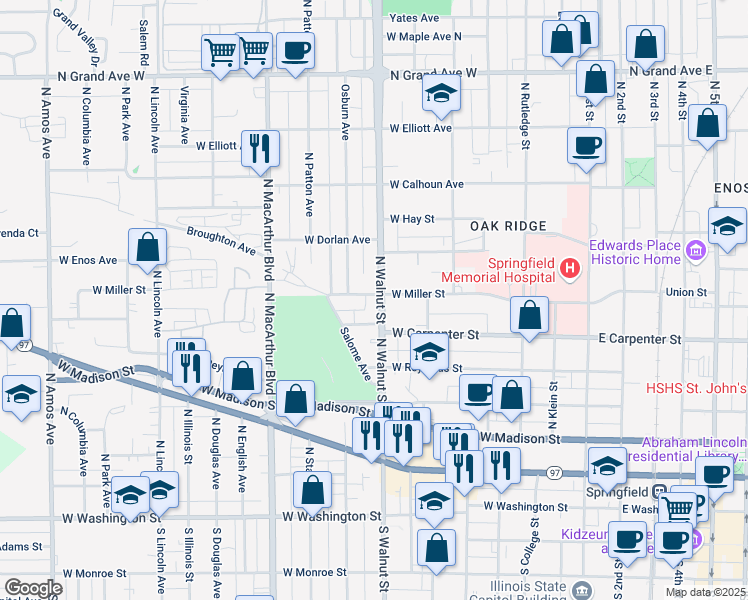 map of restaurants, bars, coffee shops, grocery stores, and more near 619 North Walnut Street in Springfield