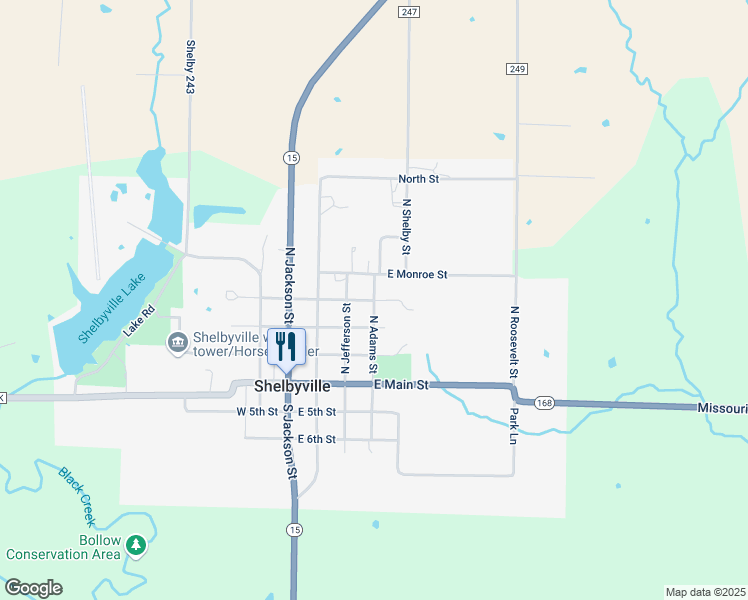 map of restaurants, bars, coffee shops, grocery stores, and more near 401 East 1st Street in Shelbyville