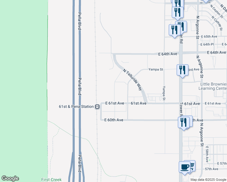 map of restaurants, bars, coffee shops, grocery stores, and more near 6223 North Panasonic Way in Denver