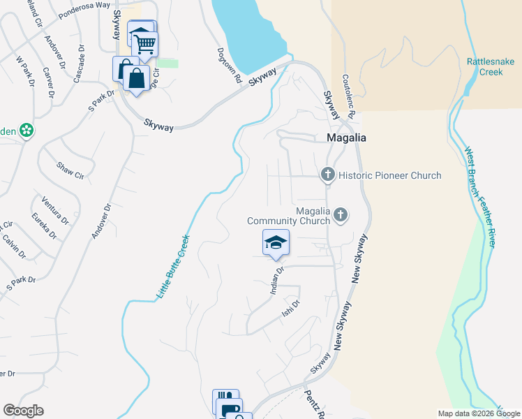 map of restaurants, bars, coffee shops, grocery stores, and more near 13741 Canyon Drive in Magalia