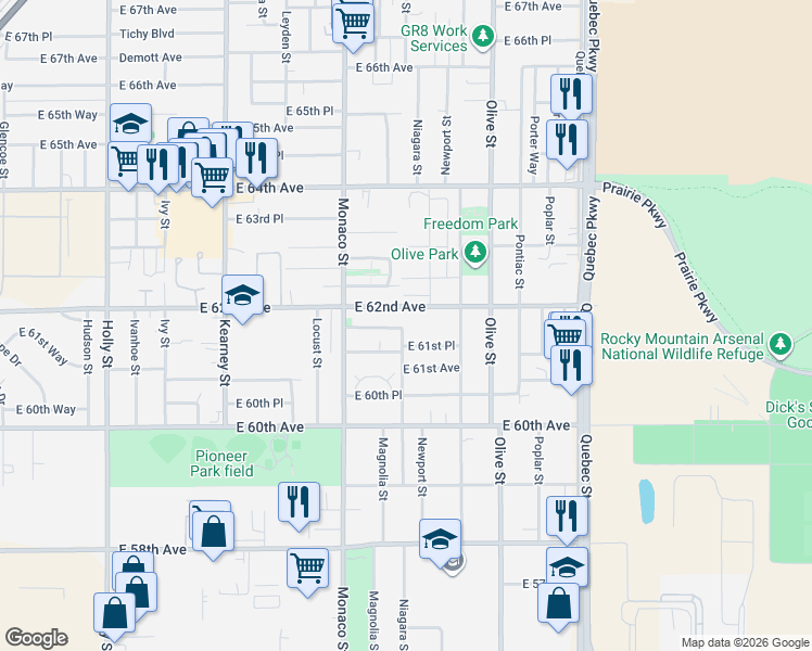 map of restaurants, bars, coffee shops, grocery stores, and more near 6831 East 61st Place in Commerce City