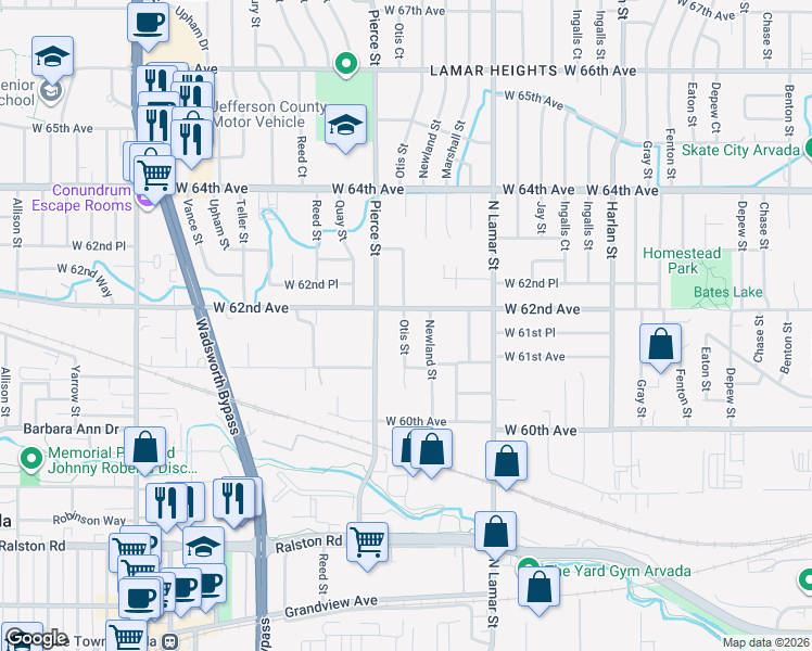map of restaurants, bars, coffee shops, grocery stores, and more near 6164 Otis Street in Arvada
