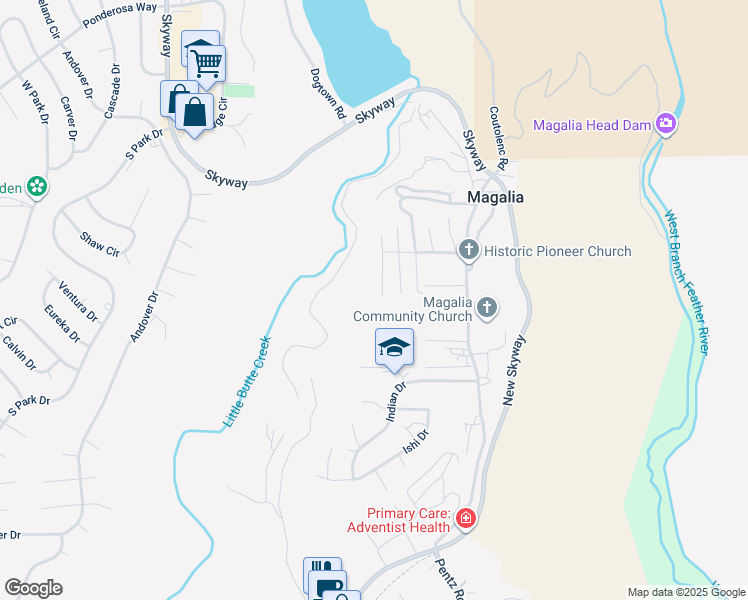 map of restaurants, bars, coffee shops, grocery stores, and more near 13741 Canyon Drive in Magalia