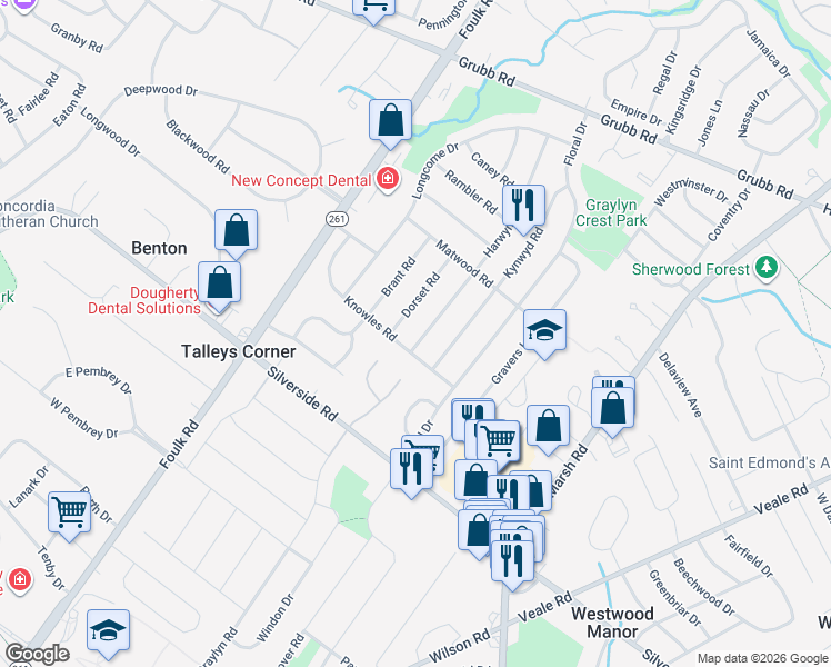 map of restaurants, bars, coffee shops, grocery stores, and more near 1903 Harwyn Road in Wilmington