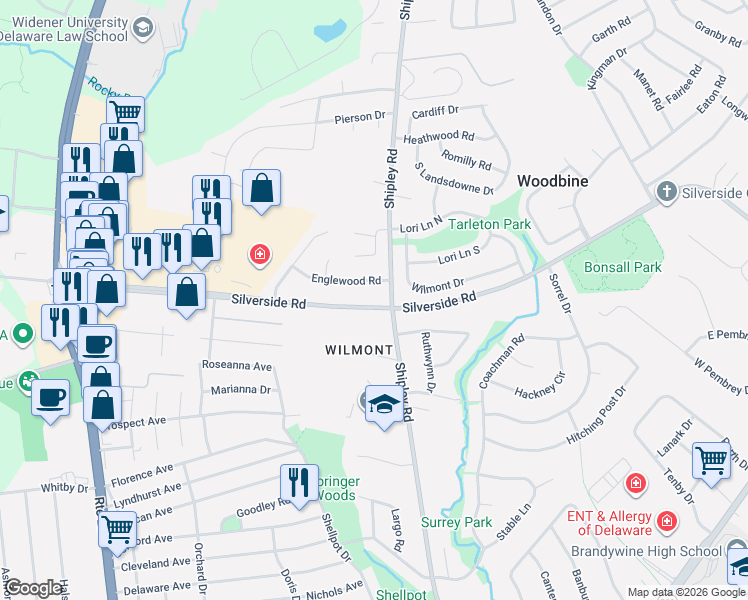map of restaurants, bars, coffee shops, grocery stores, and more near 3307 Silverside Road in Wilmington