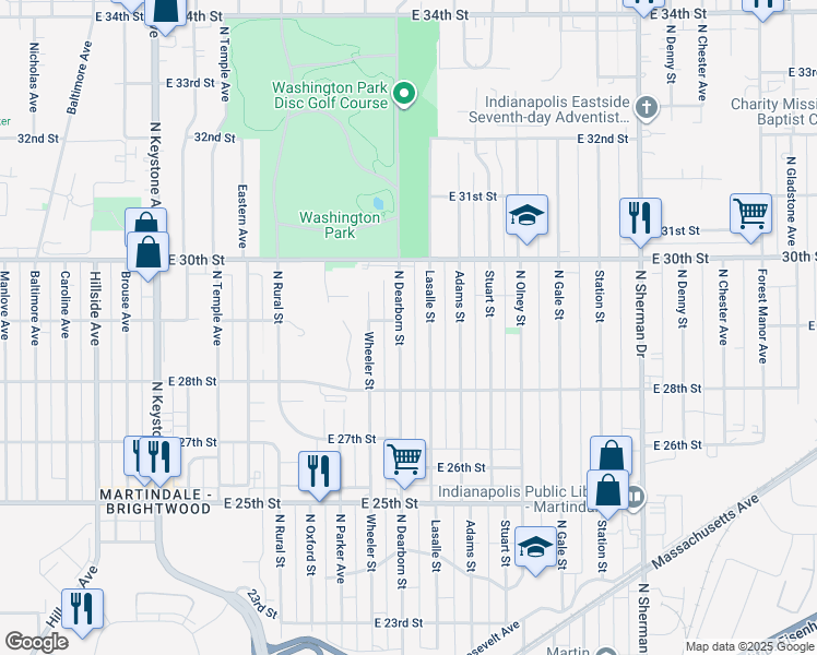 map of restaurants, bars, coffee shops, grocery stores, and more near 2867 North Dearborn Street in Indianapolis
