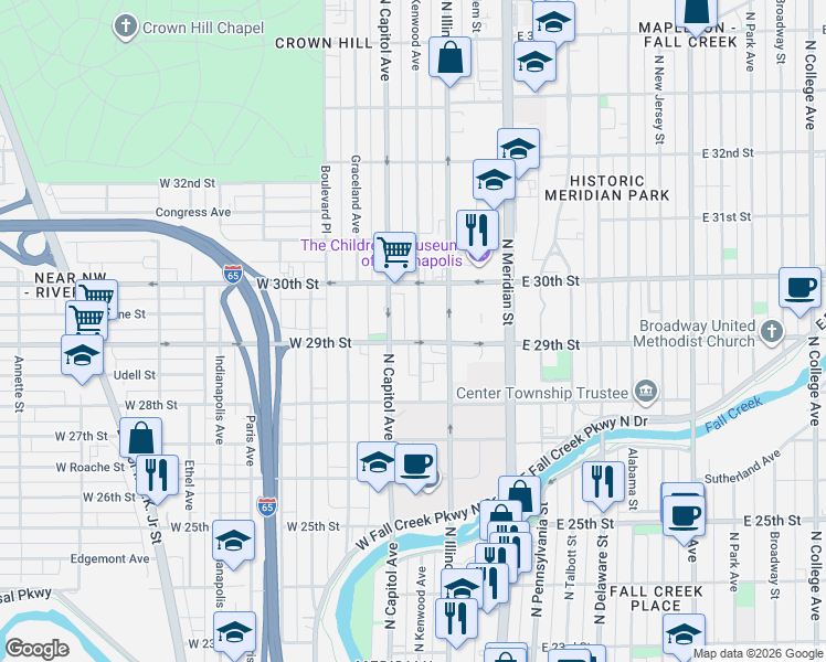 map of restaurants, bars, coffee shops, grocery stores, and more near 130 West 29th Street in Indianapolis