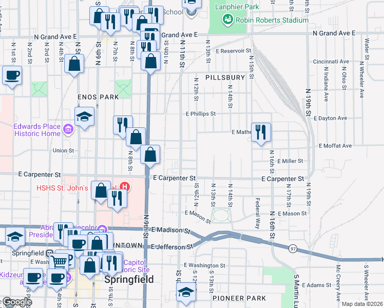 map of restaurants, bars, coffee shops, grocery stores, and more near 1113 East Miller Street in Springfield