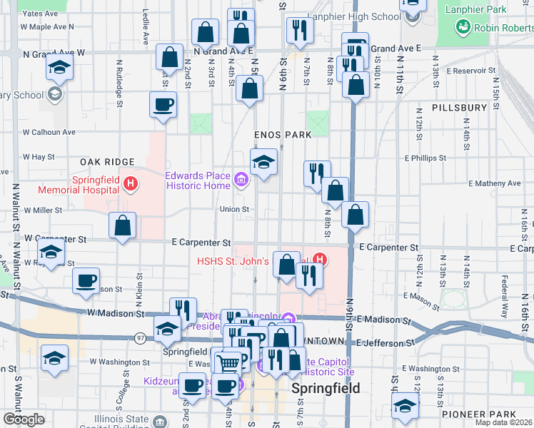 map of restaurants, bars, coffee shops, grocery stores, and more near 704 North 5th Street in Springfield
