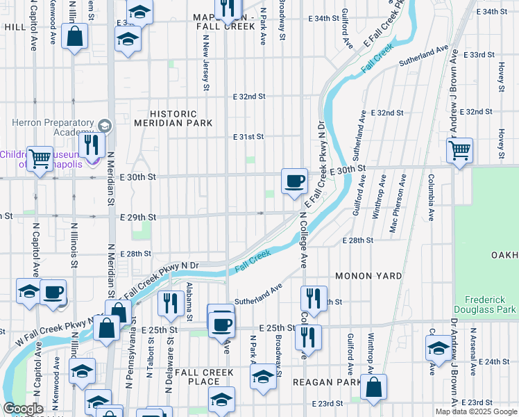 map of restaurants, bars, coffee shops, grocery stores, and more near 536 East 29th Street in Indianapolis