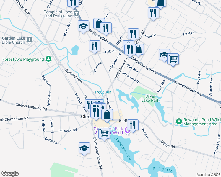 map of restaurants, bars, coffee shops, grocery stores, and more near 186 Gibbsboro Road in Clementon