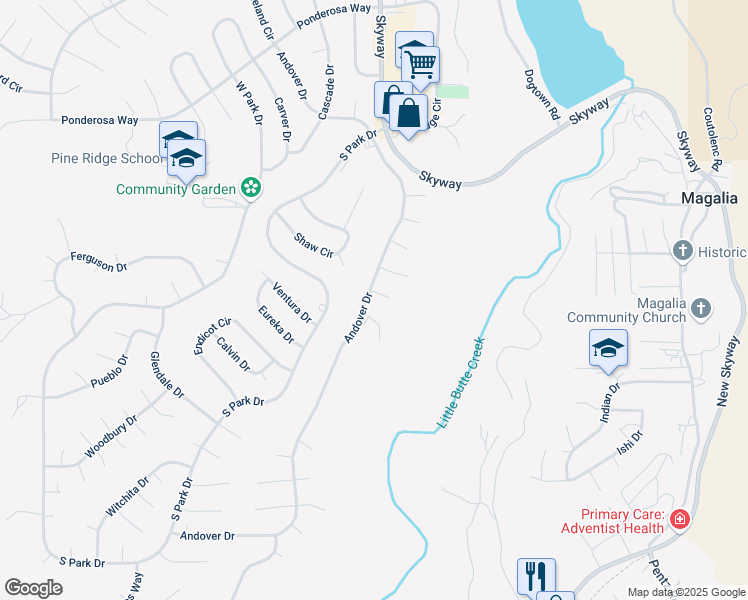 map of restaurants, bars, coffee shops, grocery stores, and more near 13774 Andover Drive in Magalia