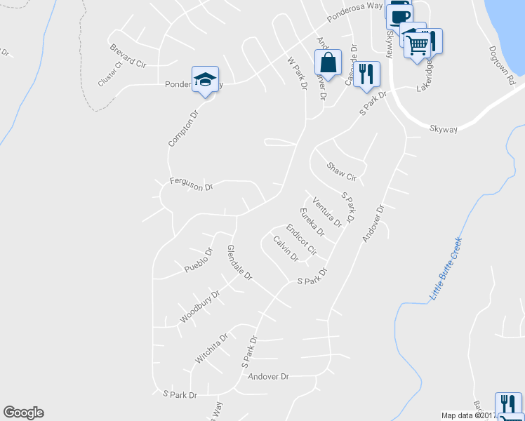 map of restaurants, bars, coffee shops, grocery stores, and more near 13770 West Park Drive in Magalia