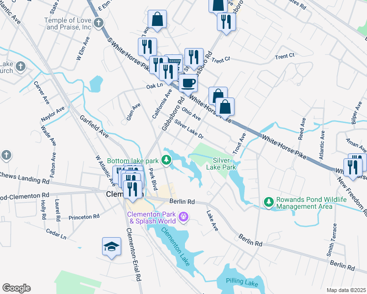 map of restaurants, bars, coffee shops, grocery stores, and more near 41 Spring Lake Drive in Clementon